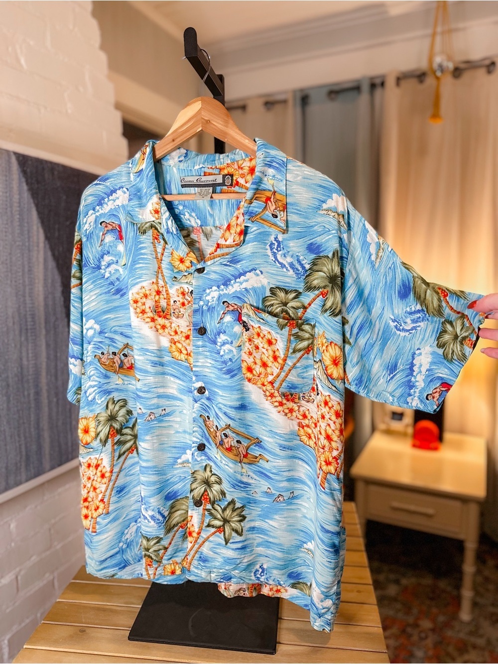 Ocean Current Hawaiian Surfing & Hula Button Up Short Sleeve Shirt